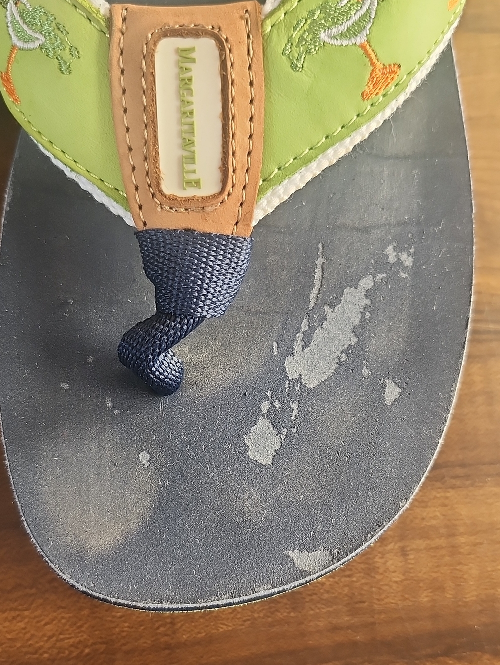 Margaritaville Navy Blue & Bright Green "Rita Time" Leather Upper Flip Flops, 8 - Picture 9 of 11